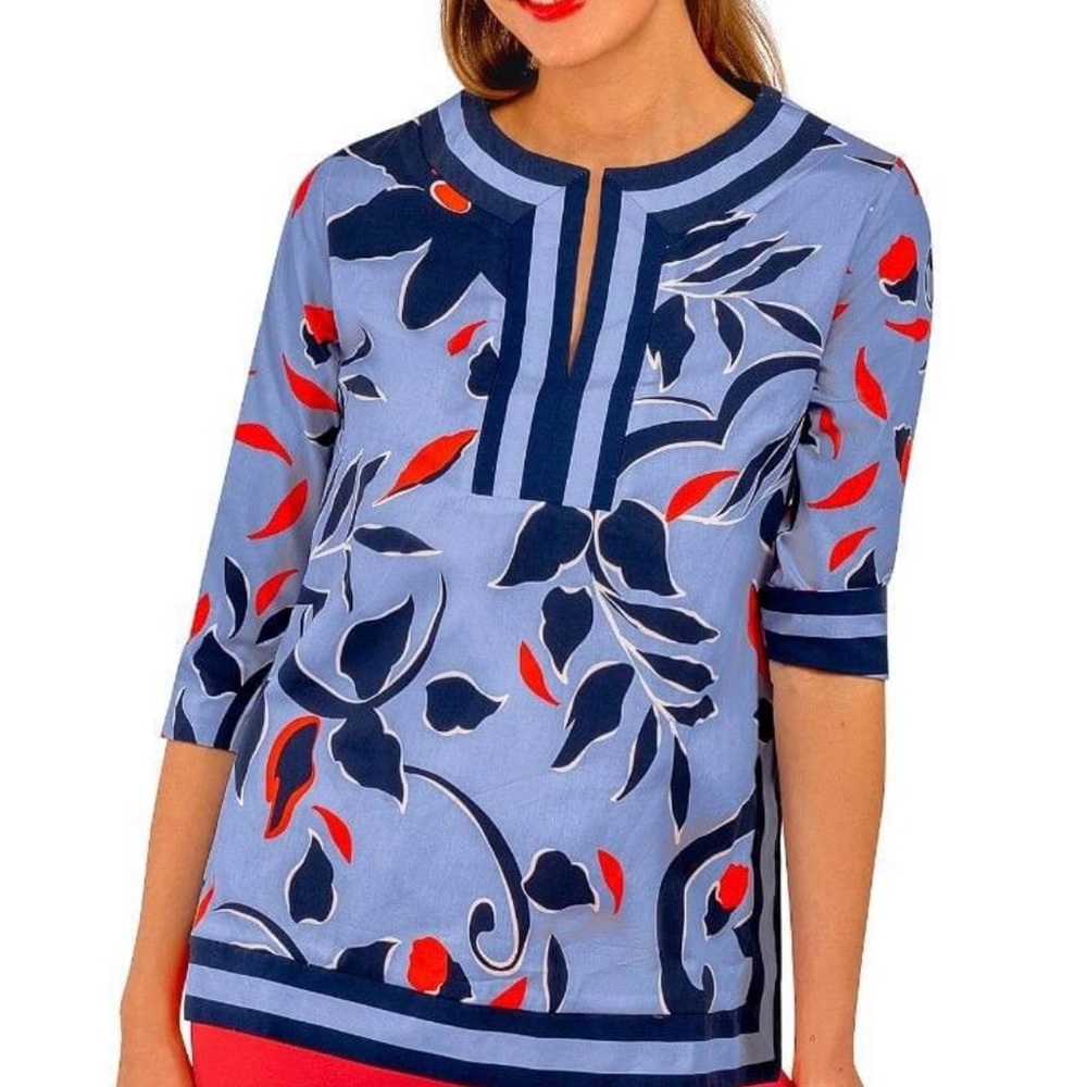 Gretchen Scott Tunic Top Full Bloom XS 3/4 sleeve Vacation Resort Wear Casual
